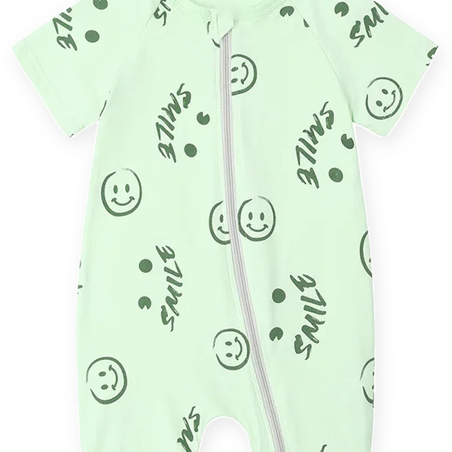 Mint Smileys Short-Sleeve Shortie Romper — Mint Smileys — Zipper detail — image 3