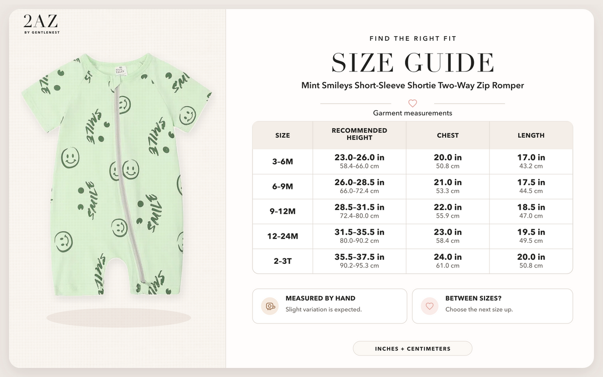 Product-specific size guide for Mint Smileys Shortie Romper