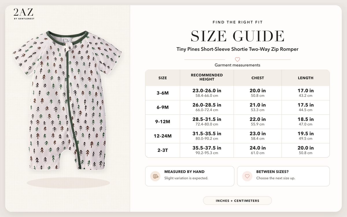 Product-specific size guide for Tiny Pines Shortie Romper