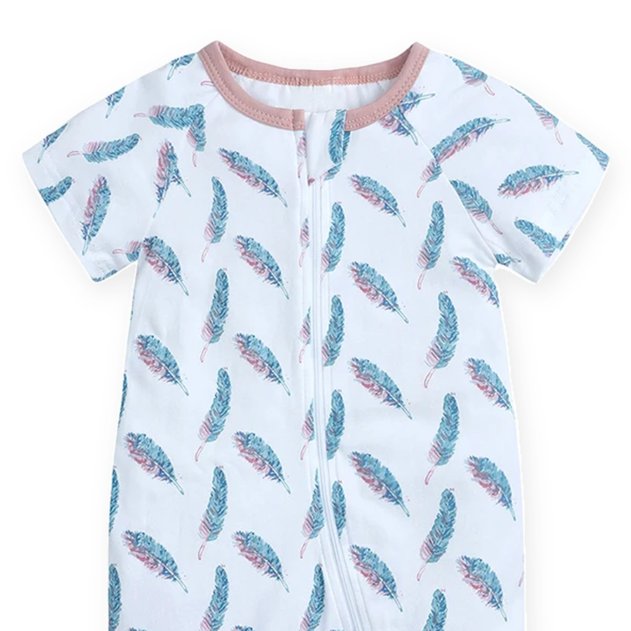 Feather Short-Sleeve Shortie Romper — Feather — Neckline and seam detail — image 4
