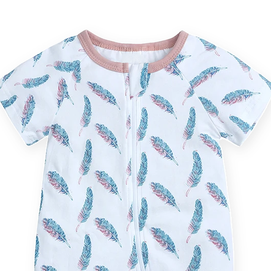Feather Short-Sleeve Shortie Romper — Feather — Zipper detail — image 3