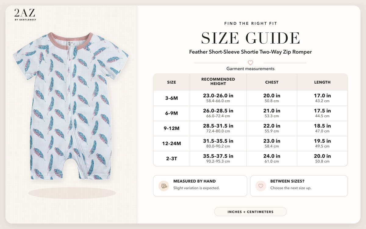 Product-specific size guide for Feather Shortie Romper