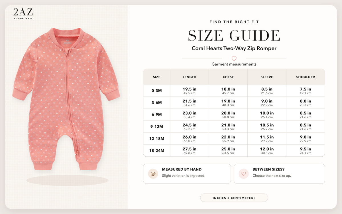 Product-specific size guide for Coral Hearts Romper