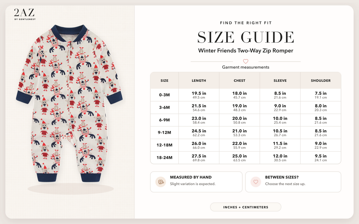 Product-specific size guide for Winter Friends Romper