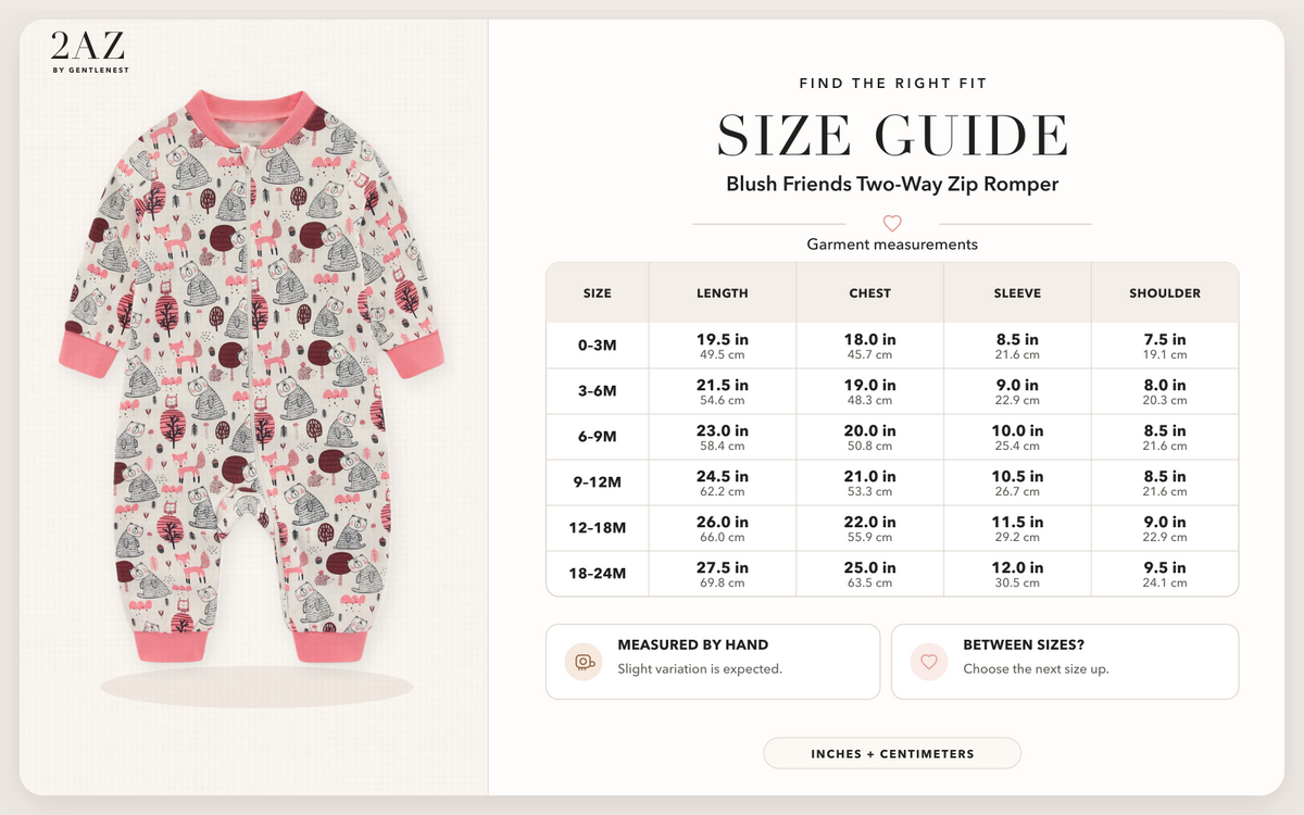 Product-specific size guide for Blush Friends Romper