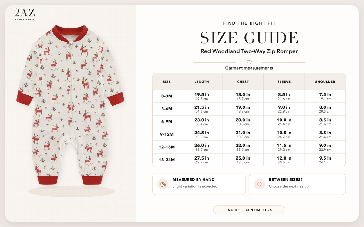 Product-specific size guide for Red Woodland Romper