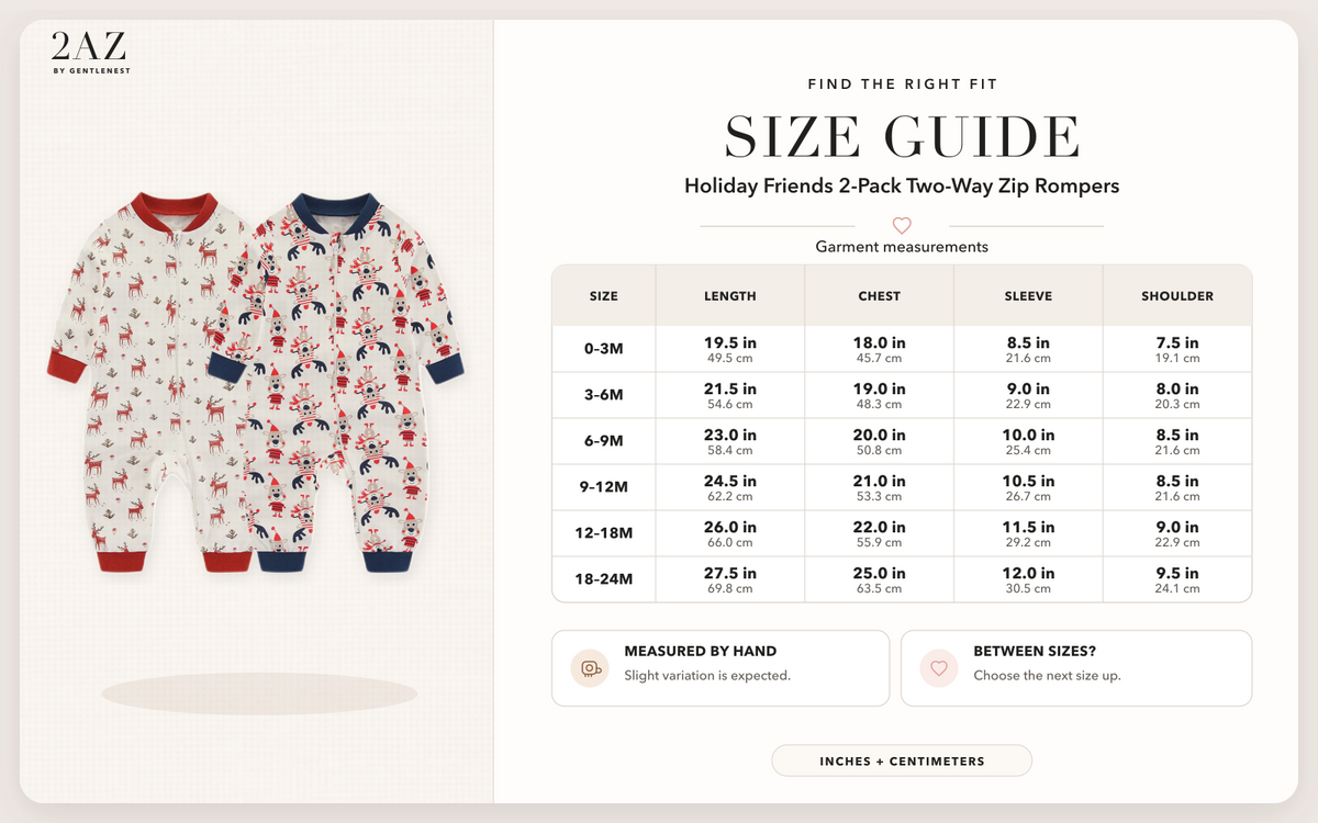 Product-specific size guide for Holiday Friends 2-Pack Rompers