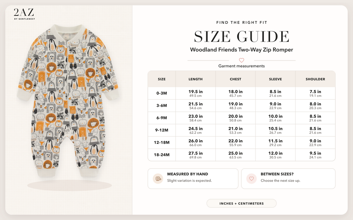 Product-specific size guide for Woodland Friends Romper