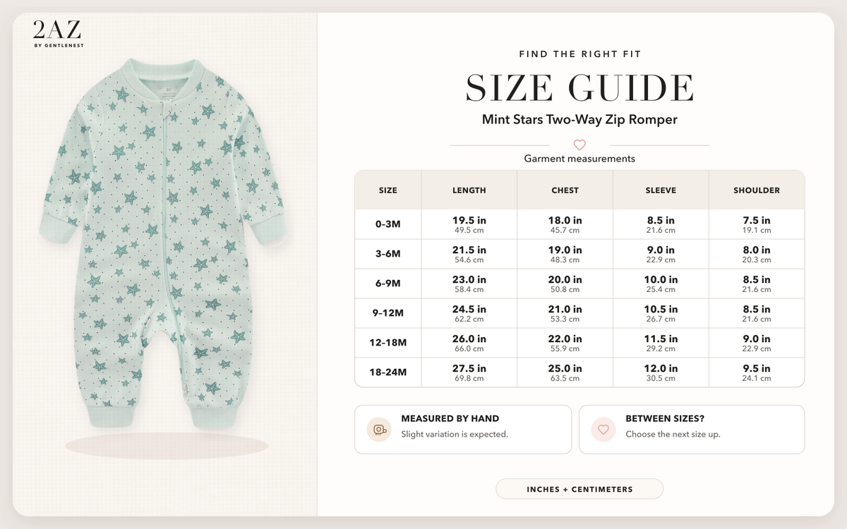 Product-specific size guide for Mint Stars Romper