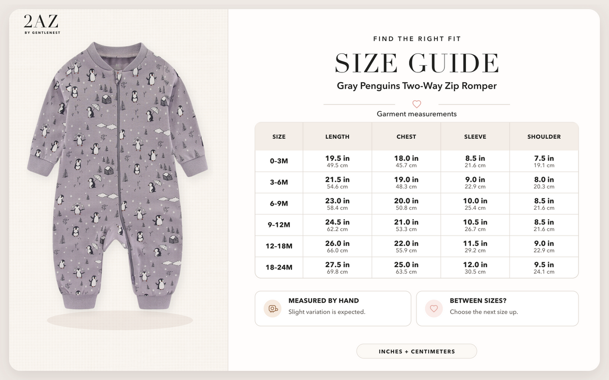 Product-specific size guide for Gray Penguins Romper