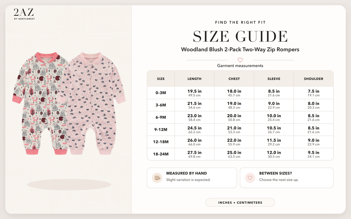 Product-specific size guide for Woodland Blush 2-Pack Rompers