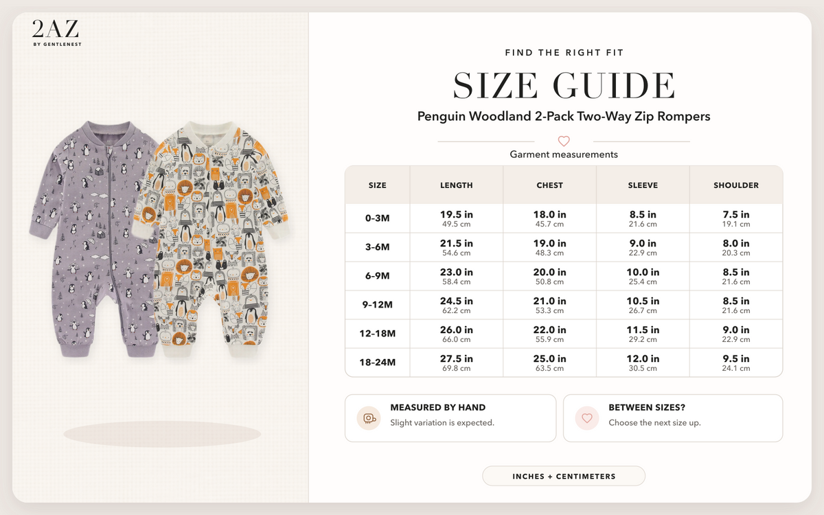 Product-specific size guide for Penguin Woodland 2-Pack Rompers