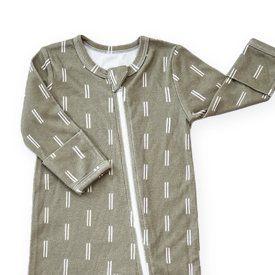 Olive Dash Footed Romper — Olive Dash — Neckline and seam detail — image 4