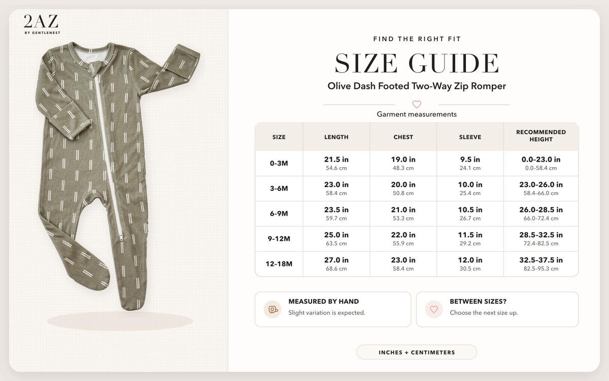 Product-specific size guide for Olive Dash Footed Romper