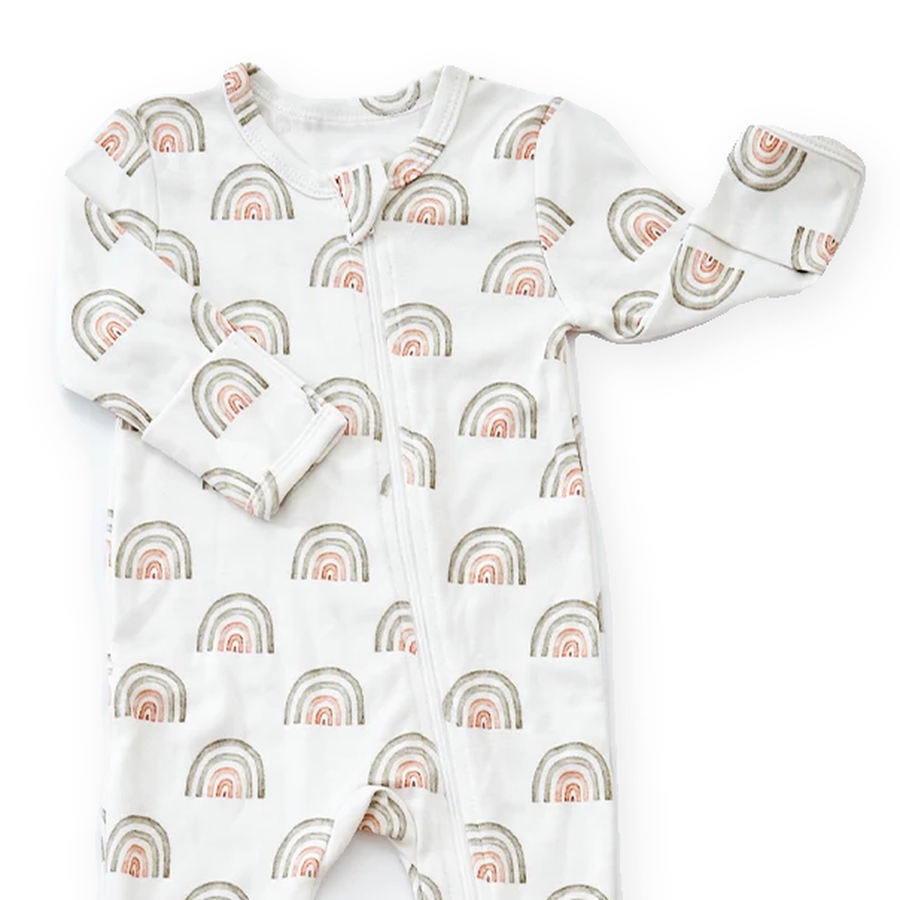 Pastel Rainbow Footed Romper — Pastel Rainbow — Neckline and seam detail — image 4