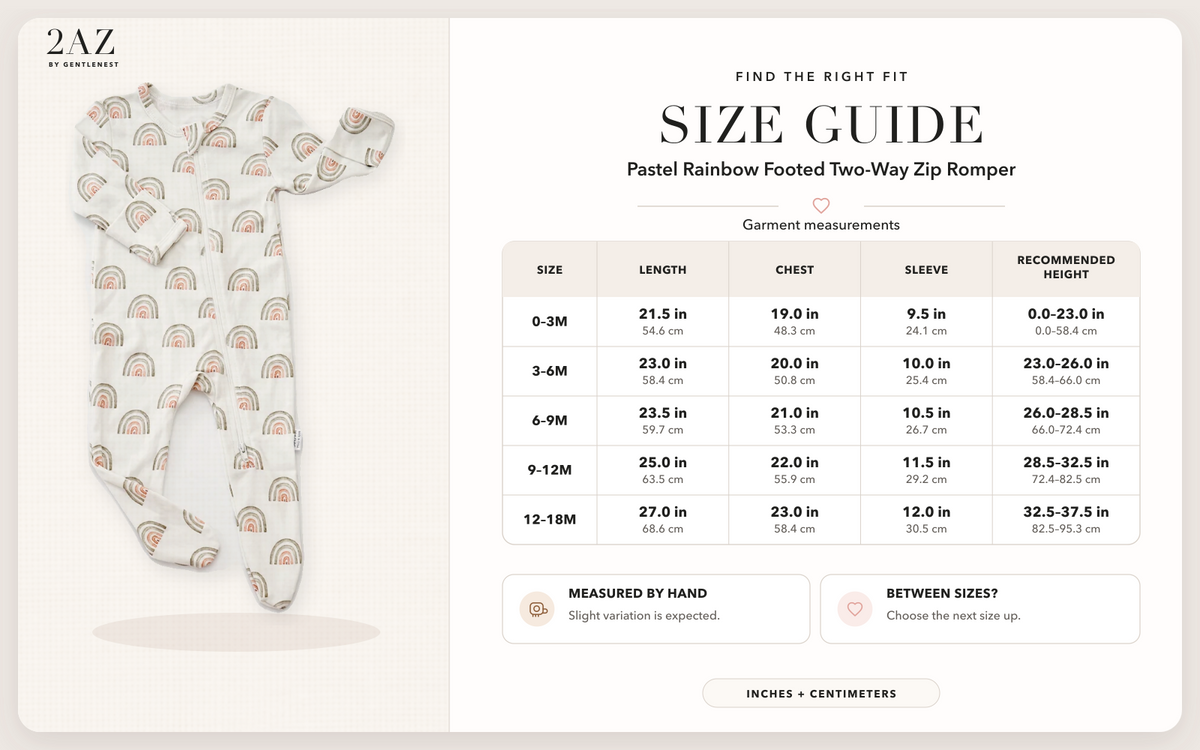 Product-specific size guide for Pastel Rainbow Footed Romper