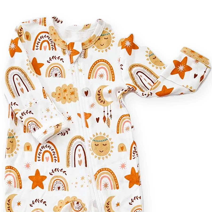 Golden Rainbow Footed Romper — Golden Rainbow — Neckline and seam detail — image 4