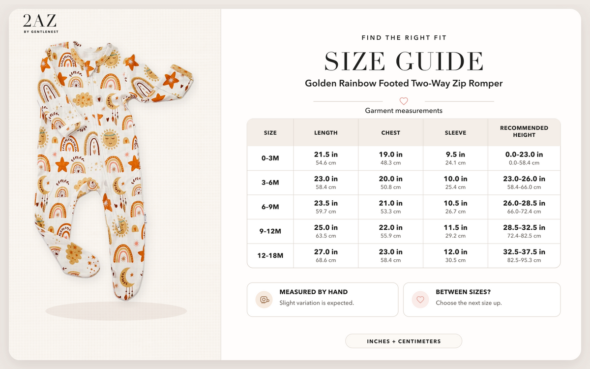 Product-specific size guide for Golden Rainbow Footed Romper