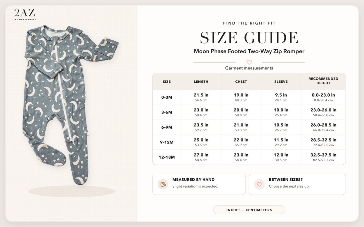 Product-specific size guide for Moon Phase Footed Romper