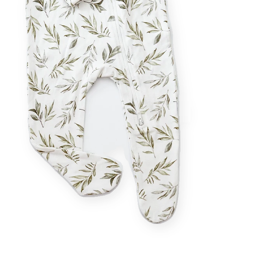 Olive Botanical Footed Romper — Olive Botanical — Gusset and seam detail — image 6