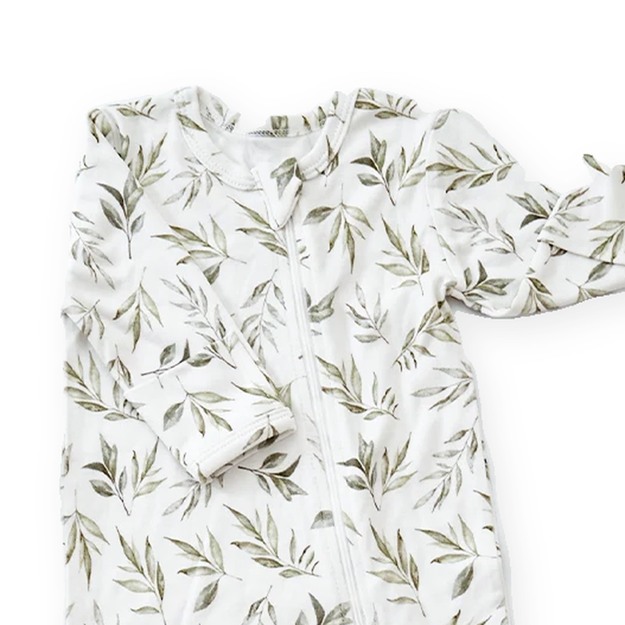 Olive Botanical Footed Romper — Olive Botanical — Neckline and seam detail — image 4