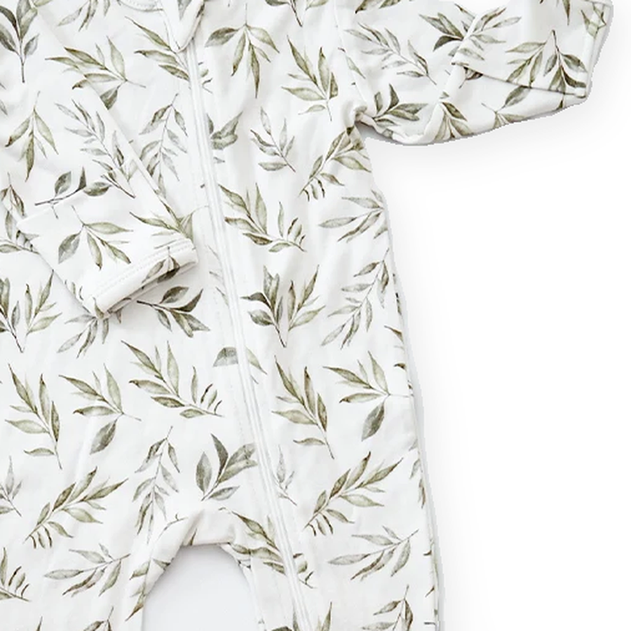 Olive Botanical Footed Romper — Olive Botanical — Zipper detail — image 3