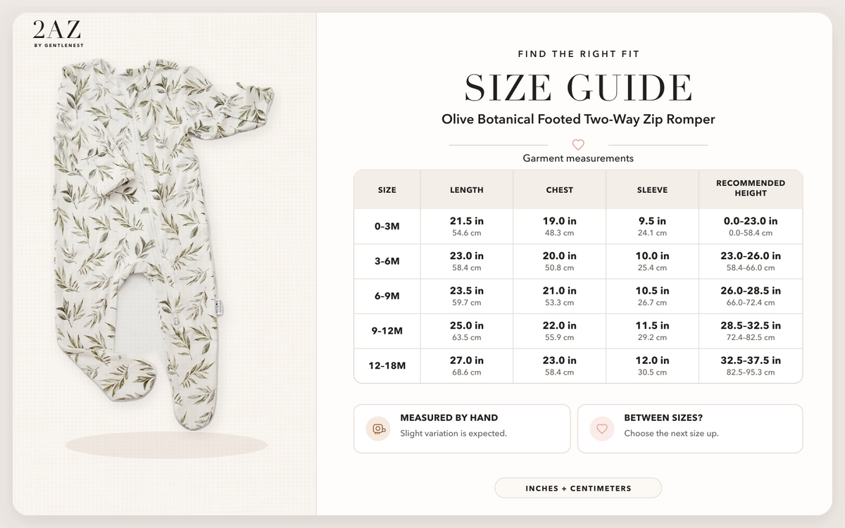 Product-specific size guide for Olive Botanical Footed Romper