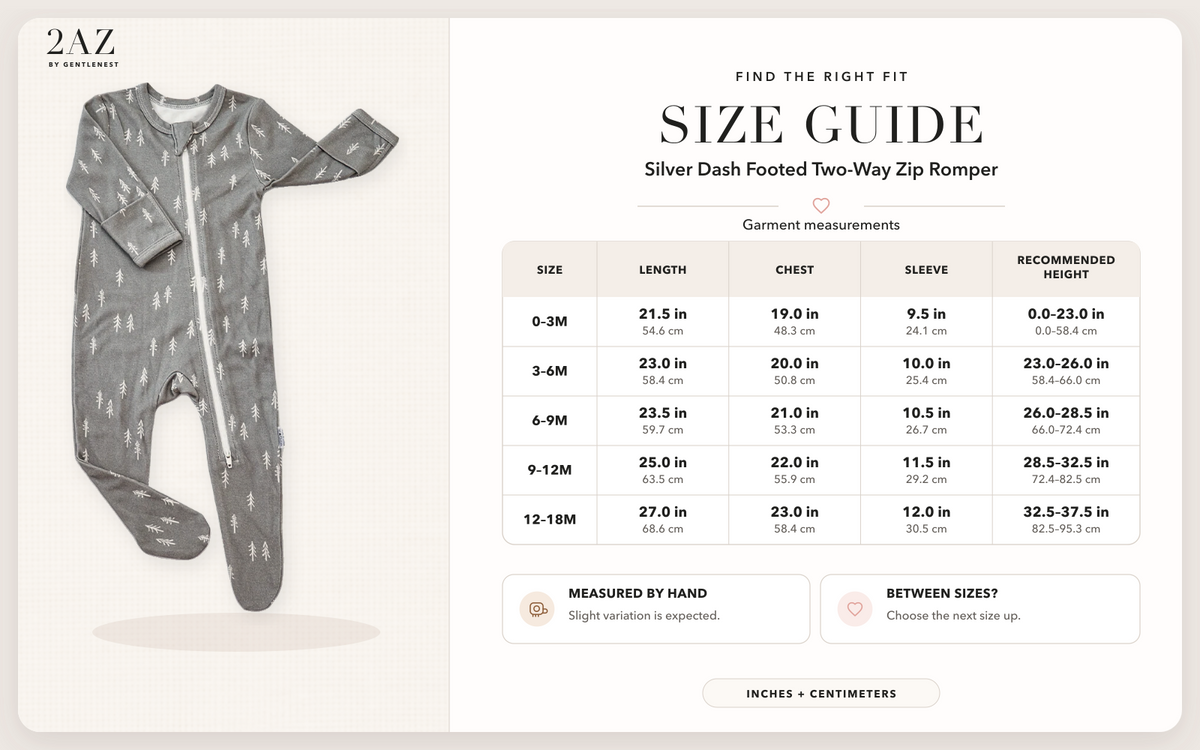 Product-specific size guide for Silver Dash Footed Romper