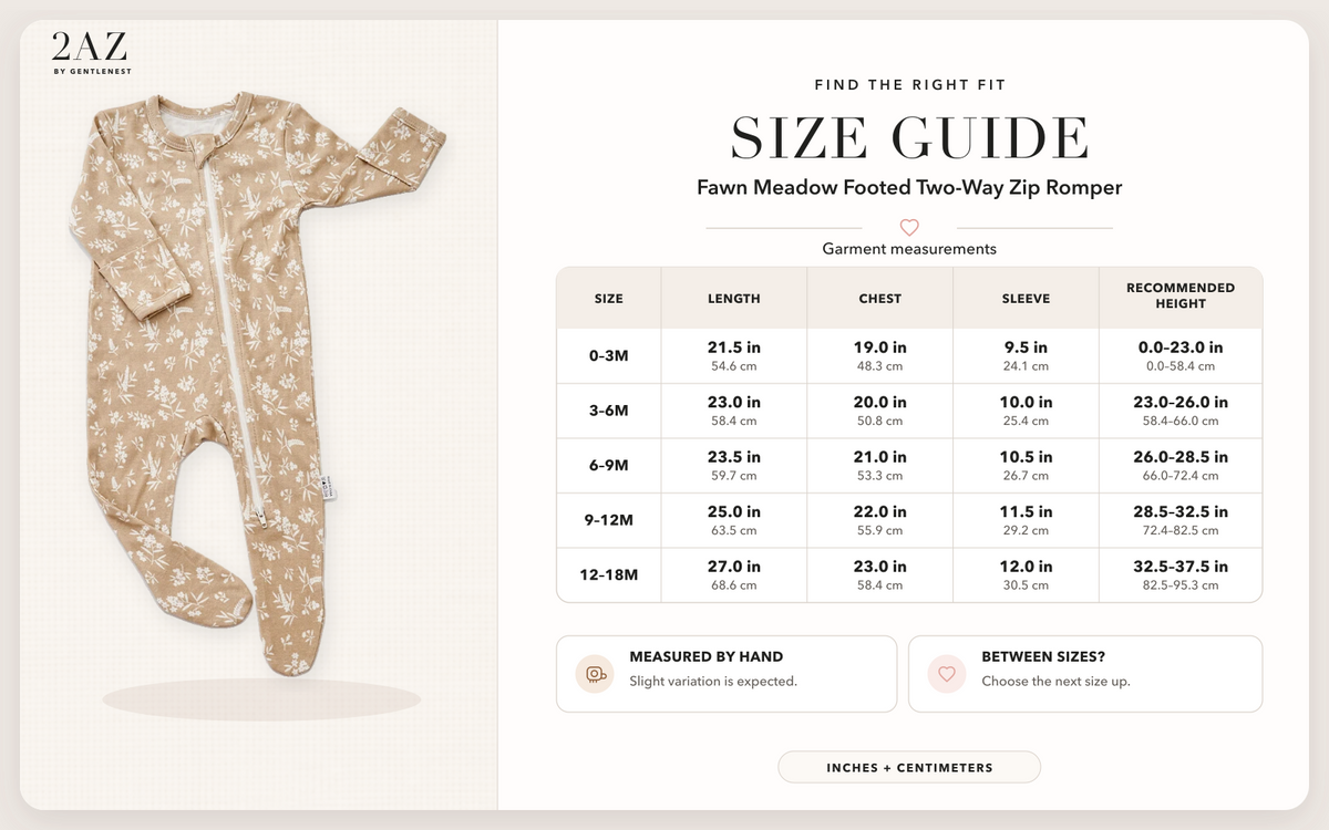 Product-specific size guide for Fawn Meadow Footed Romper