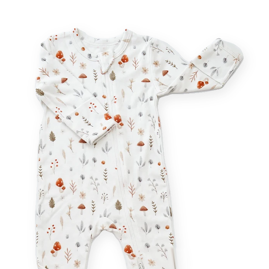 Woodland Mushrooms Footed Romper — Woodland Mushrooms — Neckline and seam detail — image 4