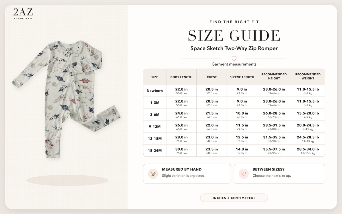 Product-specific size guide for Space Sketch Romper