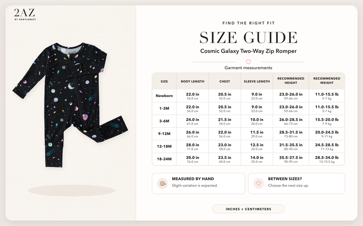 Product-specific size guide for Cosmic Galaxy Romper