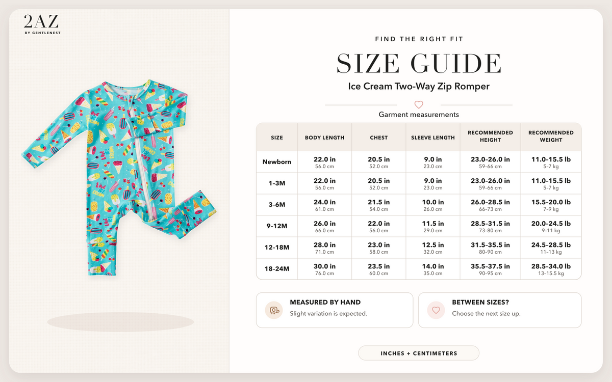 Product-specific size guide for Ice Cream Romper