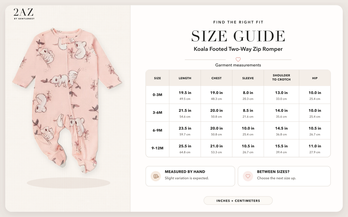 Product-specific size guide for Koala Footed Romper