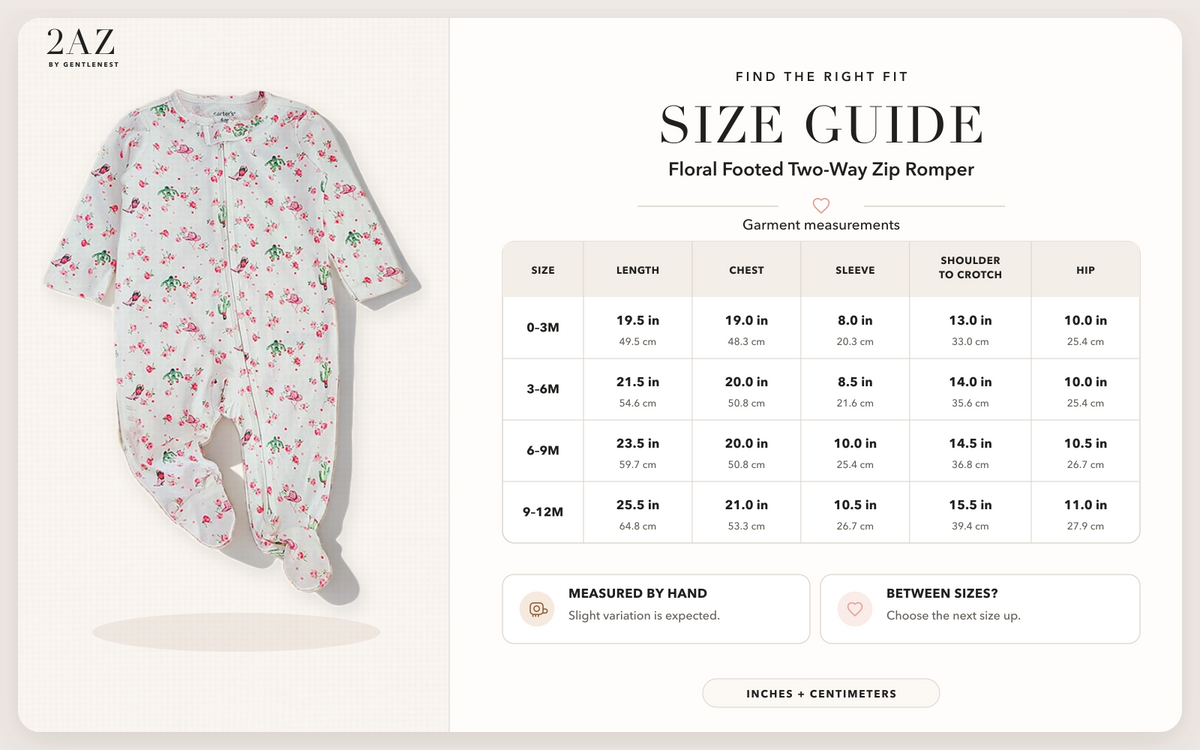 Product-specific size guide for Floral Footed Romper