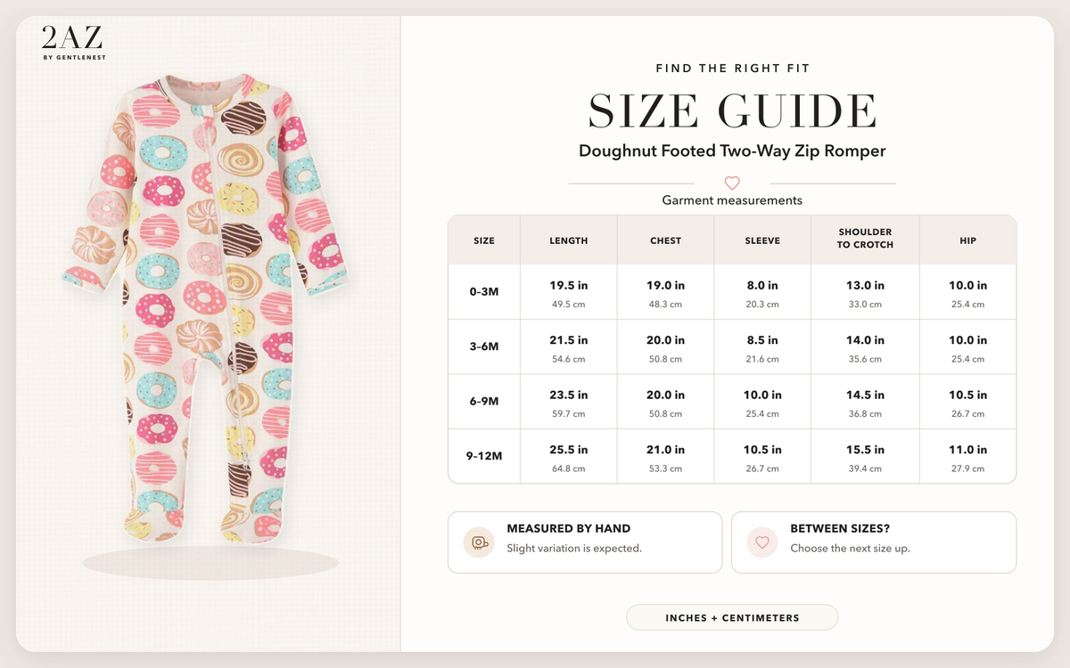 Product-specific size guide for Doughnut Footed Romper