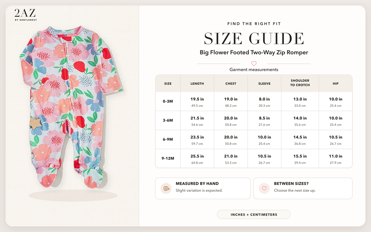 Product-specific size guide for Big Flower Footed Romper