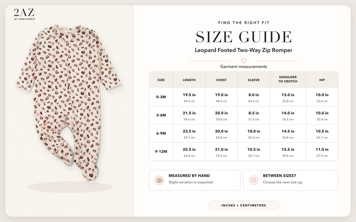 Product-specific size guide for Leopard Footed Romper