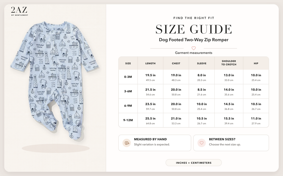 Product-specific size guide for Dog Footed Romper