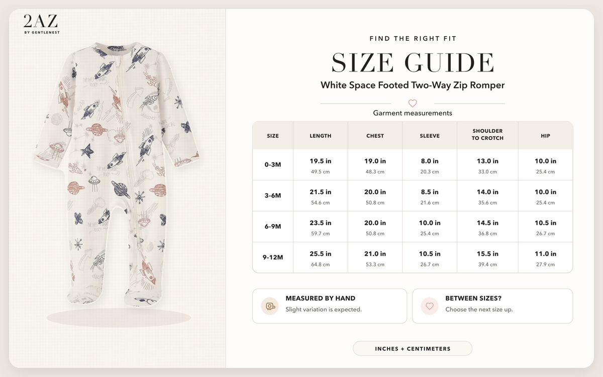Product-specific size guide for White Space Footed Romper