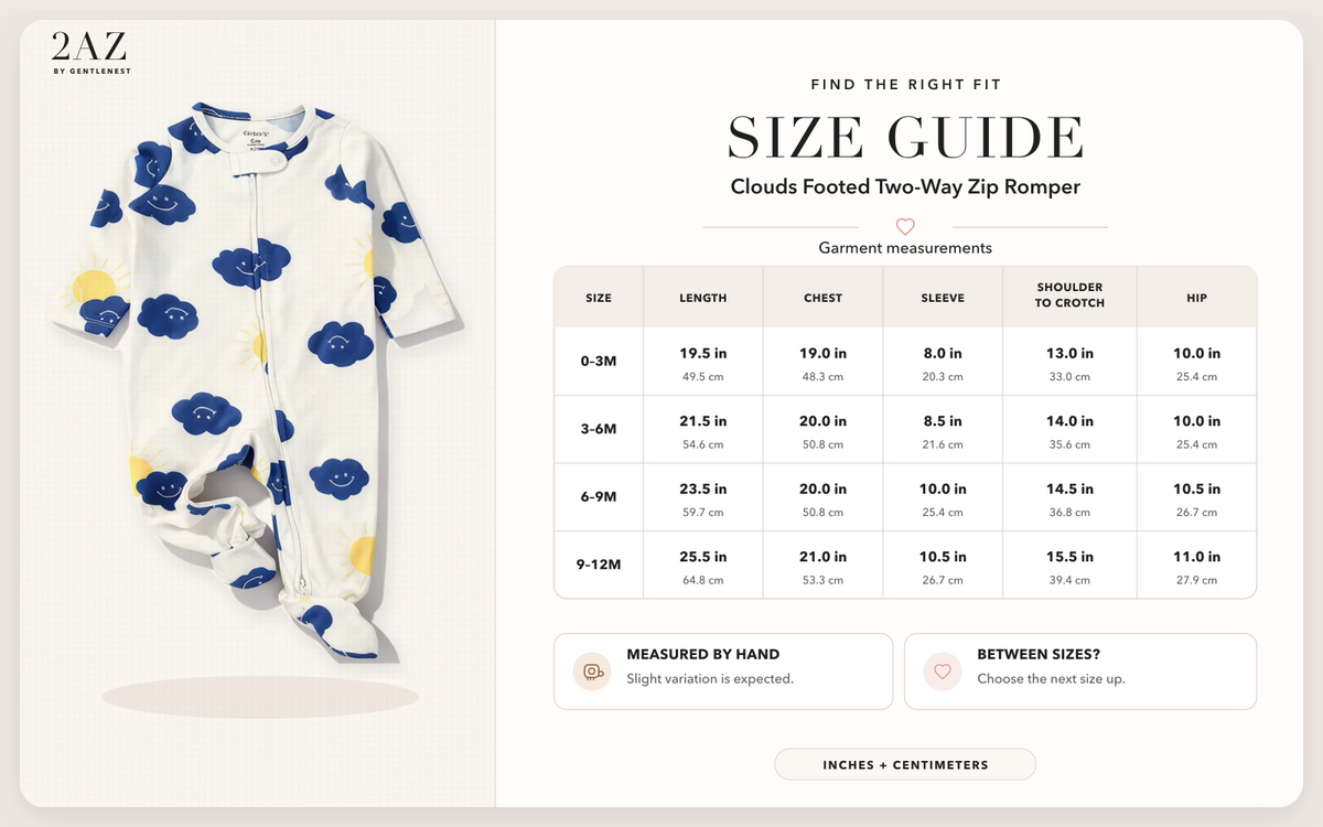 Product-specific size guide for Clouds Footed Romper