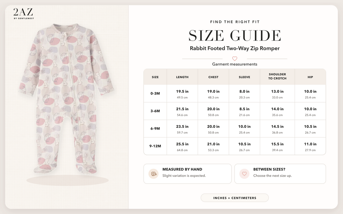 Product-specific size guide for Rabbit Footed Romper