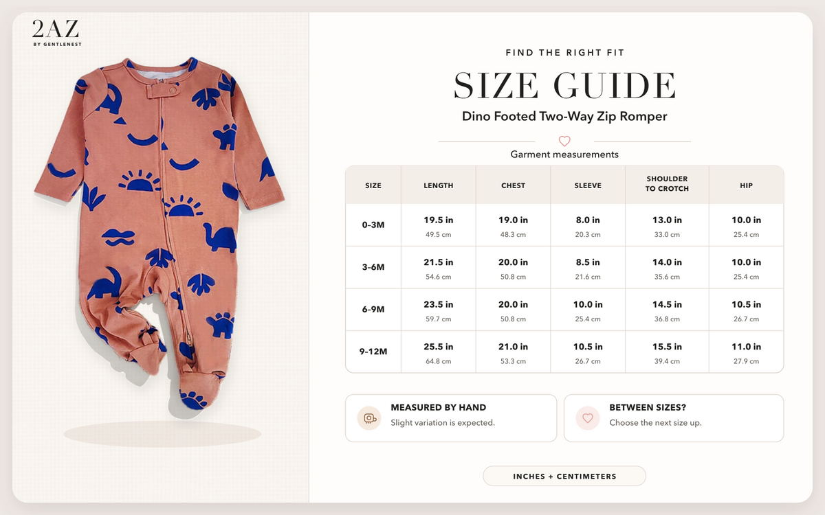 Product-specific size guide for Dino Footed Romper