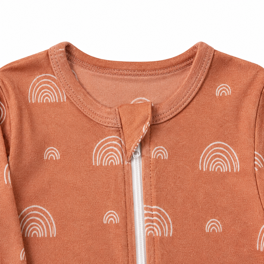 Terracotta Rainbows Footed Romper — Terracotta Rainbows — Zipper detail — image 3