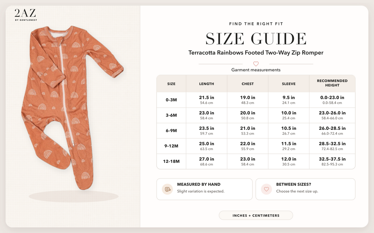 Product-specific size guide for Terracotta Rainbows Footed Romper