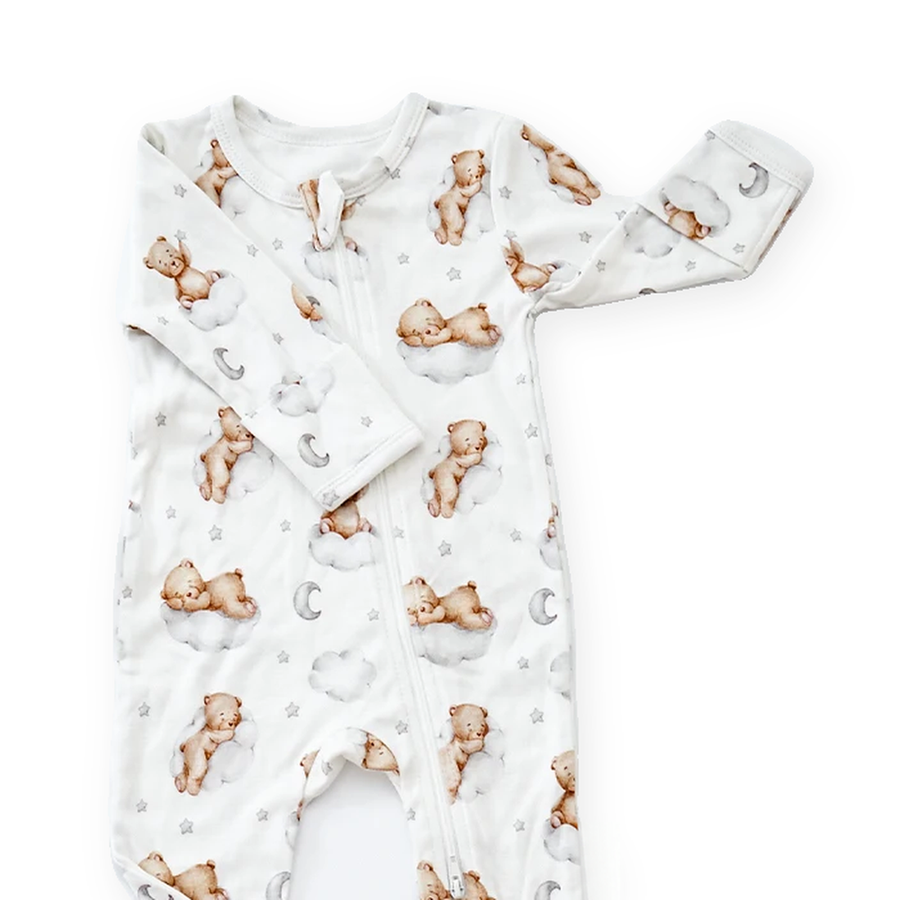 Sleeping Bears on Clouds Footed Romper — Sleeping Bears on Clouds — Neckline and seam detail — image 4