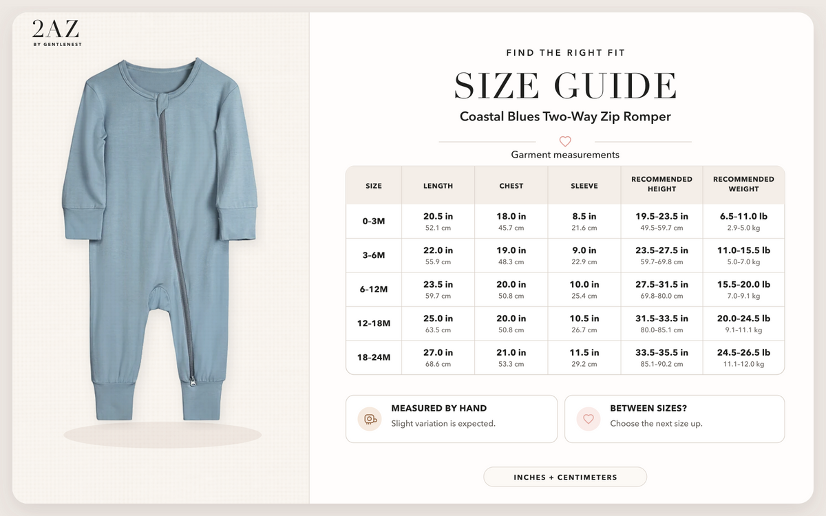 Product-specific size guide for Coastal Blues Romper