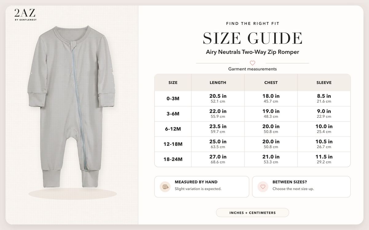 Product-specific size guide for Airy Neutrals Romper