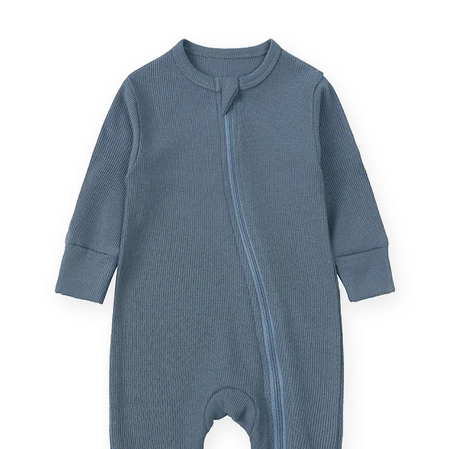 Ribbed Essentials Romper — Slate Blue — Neckline and seam detail — image 5