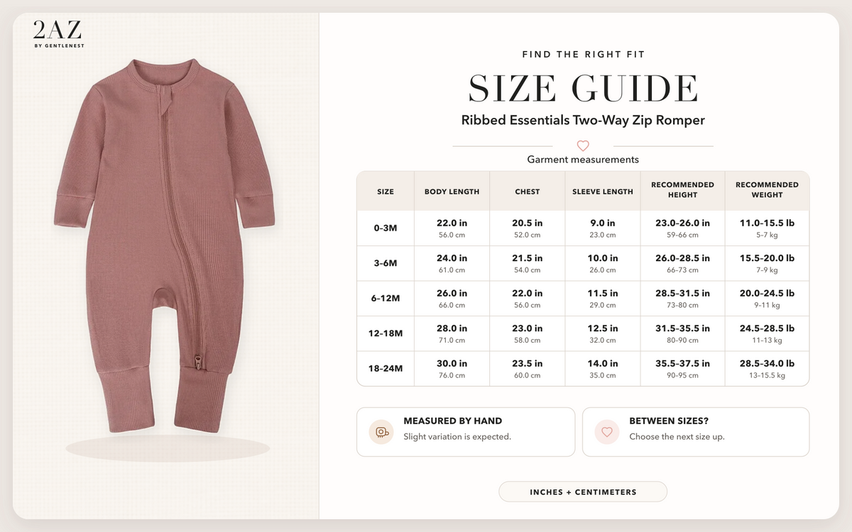 Product-specific size guide for Ribbed Essentials Romper